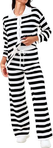 DERAX Women's 2 Piece Striped Sweatsuits Sets Long Sleeve Polo Sweater And Sweatpants Tracksuit Lounge Set Travel Outfits in Kuwait
