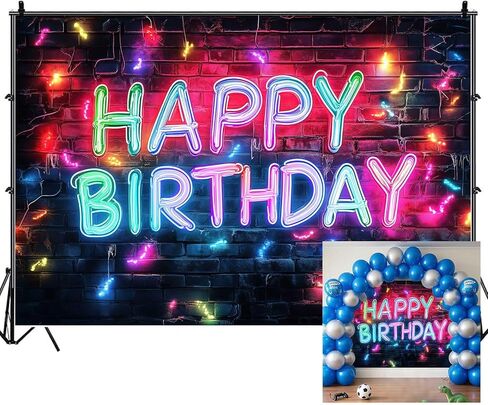Neon Birthday Party Backdrops for Photoshoot, Happy Birthday Party Picture Decorations Wall Backdrop for Photography Decor Banner, Photographic Studio Photo Backgrounds 7X5 FT in Saudi Arabia
