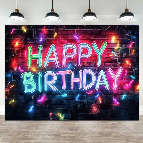 Neon Birthday Party Backdrops for Photoshoot, Happy Birthday Party Picture Decorations Wall Backdrop for Photography Decor Banner, Photographic Studio Photo Backgrounds 7X5 FT in Saudi Arabia