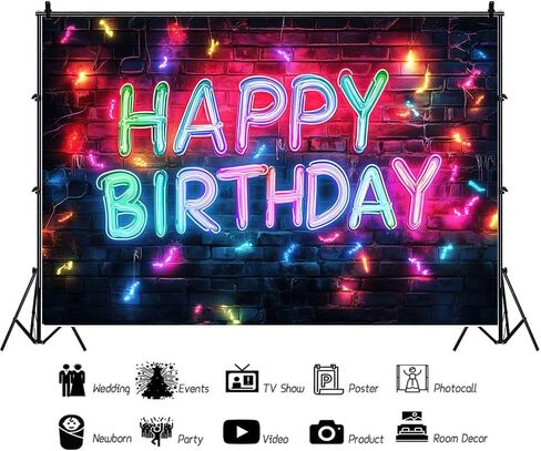 Neon Birthday Party Backdrops for Photoshoot, Happy Birthday Party Picture Decorations Wall Backdrop for Photography Decor Banner, Photographic Studio Photo Backgrounds 7X5 FT in Saudi Arabia