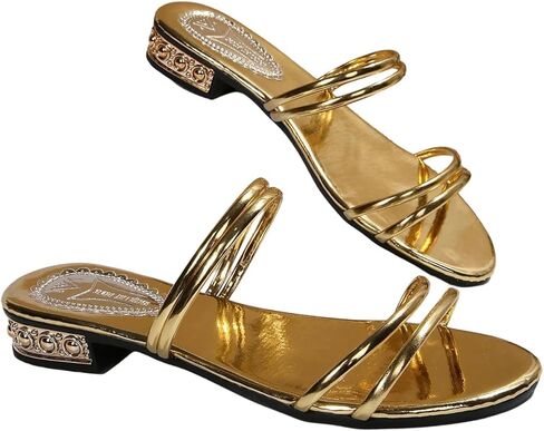 GORGLITTER Women's Strappy Gold Sandals Chunky Block Mule Heels Metallic Open Toe Sandals Dressy Slip on Vacation Slides in Saudi Arabia