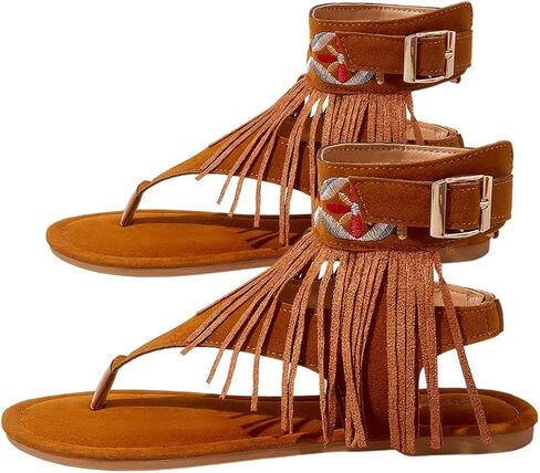 OYOANGLE Women's Boho Fringe Ankle Strap Thong Sandal Open Toe Western Flat Sandals Summer Casual Flats in Saudi Arabia
