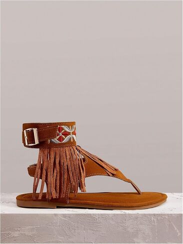 OYOANGLE Women's Boho Fringe Ankle Strap Thong Sandal Open Toe Western Flat Sandals Summer Casual Flats in Saudi Arabia