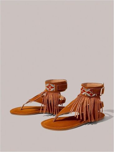 OYOANGLE Women's Boho Fringe Ankle Strap Thong Sandal Open Toe Western Flat Sandals Summer Casual Flats in Saudi Arabia