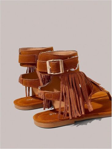 OYOANGLE Women's Boho Fringe Ankle Strap Thong Sandal Open Toe Western Flat Sandals Summer Casual Flats in Saudi Arabia