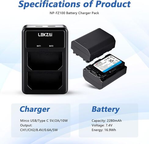Lekzai 2PACK NP-FZ100 بطارية بديلة وشاحن USB مزدوج سريع لسوني A1، A9، A7R II، A7R IV، A7R V، A7S III، A7 III، A7 IV، A7C، A6600، ZV-E1، FX3، FX30 in Kuwait