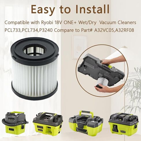 عبوتان من فلتر HEPA البديل القابل للغسل لـ Ryobi 18V ONE+ مكنسة كهربائية رطبة/جافة PCL733، PCL734، P3240، متوافق مع الجزء # A32VC05 وA32RF08، يناسب مكنسة HART HPWD01B in Kuwait