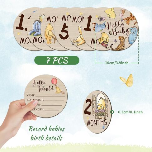7 قطع من دوائر المعالم الشهرية من ويني بيبي، أقراص خشبية على شكل دب للأطفال من أجل طفلة رضيعة، لافتات دائرية مزدوجة الجوانب لدعم صور حديثي الولادة in Kuwait