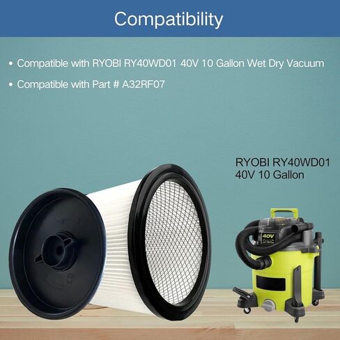 فلتر HEPA بديل مكون من قطعتين متوافق مع RYOBI RY40WD01، مكنسة كهربائية جافة ورطبة 40 فولت 10 جالون، فلتر خرطوشة كبير للجزء # A32RF07 in Saudi Arabia
