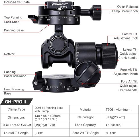 رأس حامل ثلاثي القوائم من SUNWAYFOTO GH-PRO II مع مشبك QR موجه بزاوية 360 درجة وقاعدة تحريك متوافقة مع Arca in Kuwait