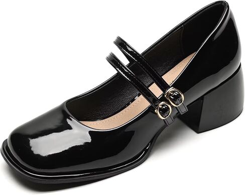Hee grand خمر ماري جين أحذية حذاء بكعب سميك للنساء ساحة تو قابل للتعديل حزام مضخة بولي Leather جلد البروغ العمل الكعوب فستان أحذية in Kuwait