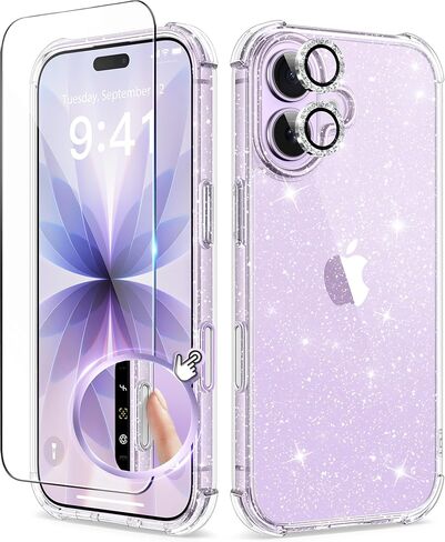 BERFY for iPhone 17 Pro Max Case for Women, Compatible with MagSafe, Clear Glitter Shockproof Protective Case, Anti-Yellowing, with Screen Protector & 3 Diamond Camera Lens Covers 6.9", Sparkle Clear in Kuwait