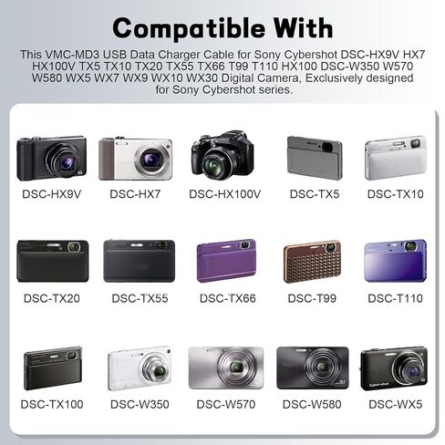Toxaoii بديل VMC-MD3 كابل شاحن بيانات USB لسوني Cybershot DSC-HX9V HX7 HX100V TX5 TX10 TX20 TX55 TX66 T99 T110 HX100 DSC-W350 W570 W580 DSC WX5 WX7 WX9 WX10 WX30 كاميرا رقمية 5 أقدام in Saudi Arabia
