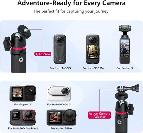 حامل ثلاثي صغير من KINGJOY للكاميرا، عصا سيلفي محمولة للسفر متوافقة مع جيب DJI OSMO 3/Insta 360 x 5/OSMO 360/Xtra/Sony/Canon/Nikon، حامل ثلاثي القوائم صغير قابل للتمدد للمكتب in Kuwait