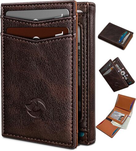 Trifold Leather Wallet for Men,with Cash Pocket 2 ID Window 14-16 Cards Magnetic Closure Slim Wallet 4.0"*3.1", RFID Blocking Front Pocket Wallet with Gift Box in Saudi Arabia