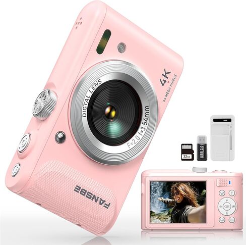 Digital Camera, 4K Vlogging Camera with 64MP, Point and Shoot Digital Cameras with 18X Zoom, Anti-Shake, Mode Dial, 32GB SD Card, Card Reader, Charger, Compact Small Cameras, Pink in Saudi Arabia