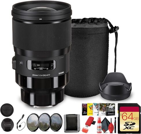 عدسة سيجما 28 مم f/1.4 DG HSM Art لهاتف Sony E، إطار كامل واسع الزاوية، فتحة f/1.4، هيكل محكم الغلق ضد الطقس، حزمة مع بطاقة ذاكرة 64 جيجابايت ومجموعة تنظيف + المزيد (9 عناصر) in Kuwait