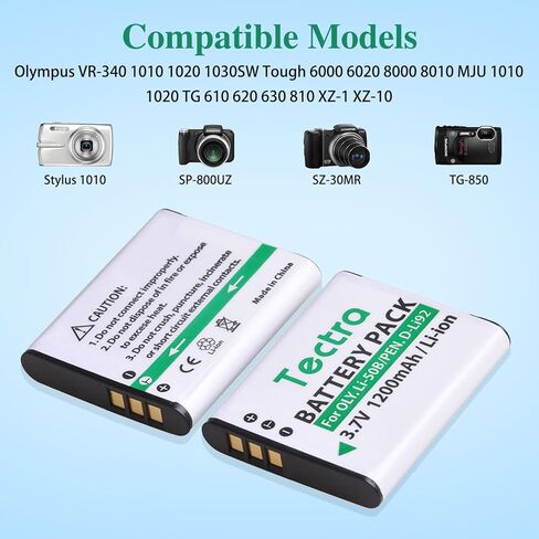 بطارية Tectra 2X Li-50B D-Li92 + شاحن مزدوج LED لـ Olympus Stylus 1010، 1020، 1030، Tough 6000، 8000، 8010، TG-630 iHS، TG-820 iHS، TG-830 iHS، TG-850، VR-340، VR-370، XZ-1، XZ-10 in Saudi Arabia