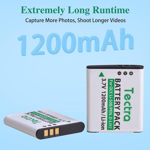 بطارية Tectra 2X Li-50B D-Li92 + شاحن مزدوج LED لـ Olympus Stylus 1010، 1020، 1030، Tough 6000، 8000، 8010، TG-630 iHS، TG-820 iHS، TG-830 iHS، TG-850، VR-340، VR-370، XZ-1، XZ-10 in Saudi Arabia