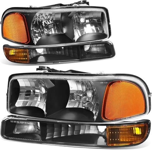Auto Dynasty Headlights Assembly Compatible with 1999-2007 GMC Sierra Yukon 1500 2500 3500, Driver and Passenger Side Halogen Headlamps Replacement w/Bumper Lamps, Black Housing Clear Reflector in Saudi Arabia