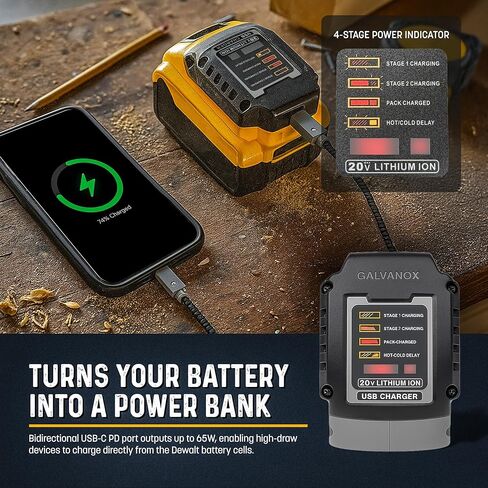 Galvanox Portable Battery Charger Set for DEWALT 20V Max Batteries, Fast Charging Powerbank Enabled (65W Input/Output) USB Type-C with AC Wall, DC Vehicle Car Adapter and Organizer (Power Pack, 4PC) in Saudi Arabia