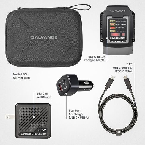 Galvanox Portable Battery Charger Set for DEWALT 20V Max Batteries, Fast Charging Powerbank Enabled (65W Input/Output) USB Type-C with AC Wall, DC Vehicle Car Adapter and Organizer (Power Pack, 4PC) in Saudi Arabia