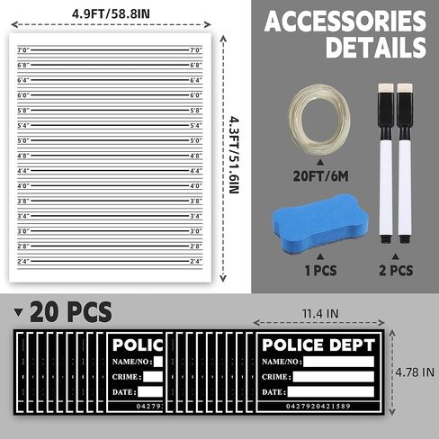 خلفية Mugshot مقاس 5 × 4.3 قدم، 20 قطعة من علامات Mugshot مع مخططات ارتفاع من البوليستر، خلفية دعائم صور لسجن مشهد الجريمة مع 2 علامات وممحاة مسح جافة للعزوبية، وديكورات حفلات السجن in Kuwait