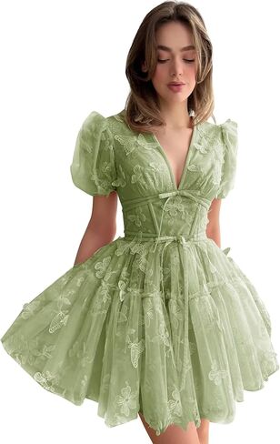 Tulle 3D Butterflies Homecoming Dresses 2025 Puffy Sleeve Embroidery V Neck Short Cocktail Party Gowns Sage US8 in Saudi Arabia