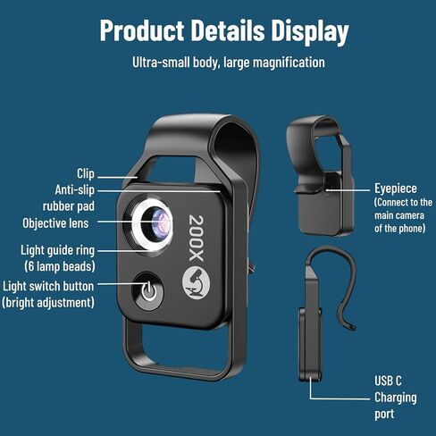 Diyeeni Pocket Phone Microscopes, 200X Zoom Clip On Microscopes Magnifier with CPL Lens & LED Light, Portable Microscopic Lens for for for for to Enjoy in Saudi Arabia