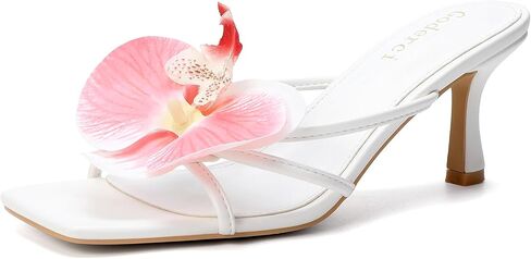 Floral Kitten Heels Square Open Toe Flower Mule Heels for Women Mid Slip On Heeled Sandals in Saudi Arabia