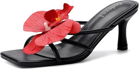 Floral Kitten Heels Square Open Toe Flower Mule Heels for Women Mid Slip On Heeled Sandals in Saudi Arabia