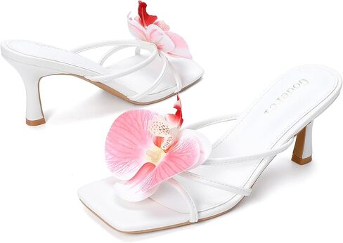 Floral Kitten Heels Square Open Toe Flower Mule Heels for Women Mid Slip On Heeled Sandals in Saudi Arabia