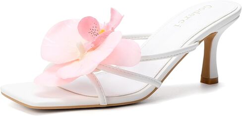 Floral Kitten Heels Square Open Toe Flower Mule Heels for Women Mid Slip On Heeled Sandals in Saudi Arabia