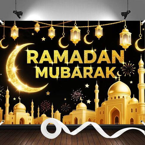 7x5Ft رمضان مبارك خلفية البوليستر عيد مبارك راية الذهب الأسود المتلألئة خلفية الهلال القمر لزينة رمضان مع الشريط in Kuwait