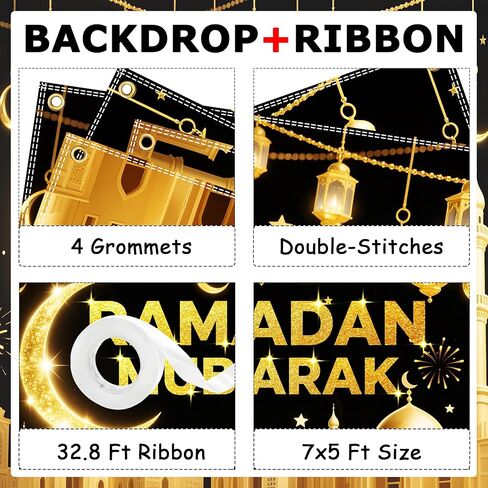 7x5Ft رمضان مبارك خلفية البوليستر عيد مبارك راية الذهب الأسود المتلألئة خلفية الهلال القمر لزينة رمضان مع الشريط in Kuwait