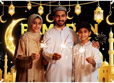 7x5Ft رمضان مبارك خلفية البوليستر عيد مبارك راية الذهب الأسود المتلألئة خلفية الهلال القمر لزينة رمضان مع الشريط in Kuwait