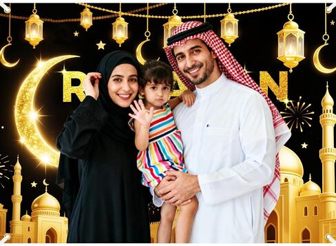 7x5Ft رمضان مبارك خلفية البوليستر عيد مبارك راية الذهب الأسود المتلألئة خلفية الهلال القمر لزينة رمضان مع الشريط in Kuwait