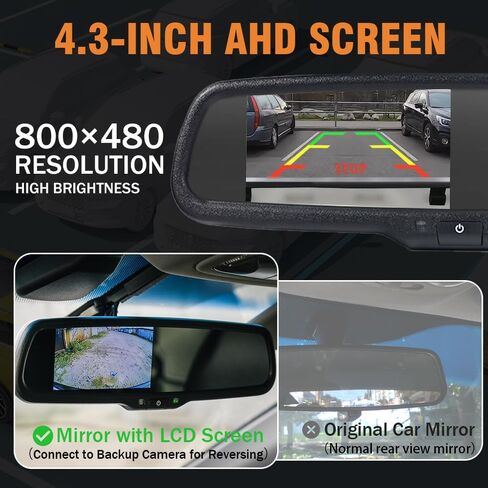شاشة مرآة الرؤية الخلفية AHD مقاس 4.3 بوصة لسيارة Ford F-150 2017 2018 بدقة 800x480، خطوط دليل الكاميرا الاحتياطية، التعتيم التلقائي، مضادة للتوهج، + كابل RCA وحامل مخصص in Kuwait
