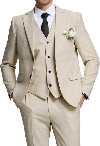 3 Piece Men's Linen Suit,Slim Fit Suits Set for Men Two Buttons Grooms Suits for Summer Beach Wedding in Kuwait