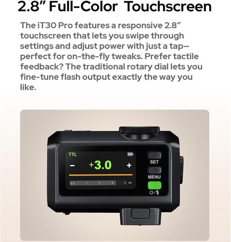 طقم فلاش كاميرا Godox iT30 Pro S TTL صغير لسوني (يتضمن TR-S، ناشر أبيض)، وضع TTL للتعرض التلقائي، 2.4G HSS 1/8000s، شاشة لمس كاملة الألوان 2.8 بوصة (أسود) in Saudi Arabia