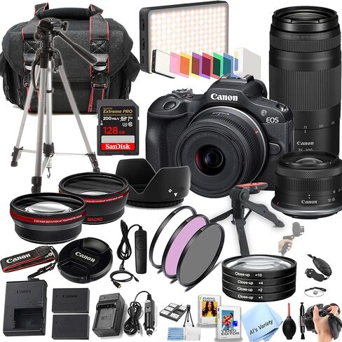 كاميرا Canon EOS R100 بدقة 24.2 ميجابكسل بمستشعر APS-C CMOS بدون مرآة مع عدسات 18-45 مم + عدسات 75-300 مم + ذاكرة فائقة سعة 128 جيجابايت، وإضاءة فيديو LED، وعدسة زاوية واسعة، وعدسة مقربة، ومرشحات - حزمة احترافية مكونة من 44 قطعة (متجددة) in Kuwait
