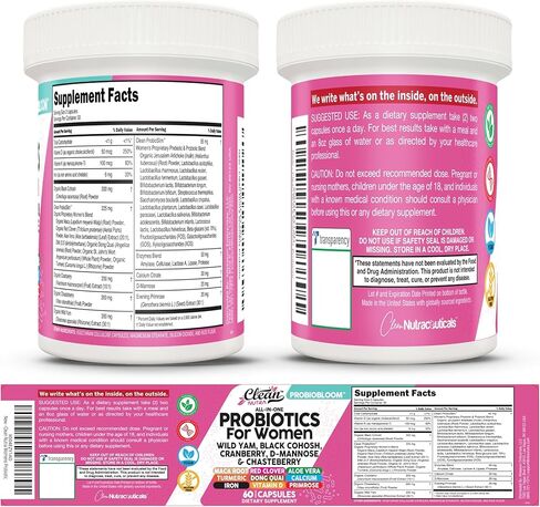 Clean Nutraceuticals Probiotics for Women with D Mannose, Cranberry Extract, Wild Yam, Chasteberry - 20 Probiotic and Prebiotic Strains - PH Balance, Womens Probiotic for Digestive Health - 60 Count in Saudi Arabia