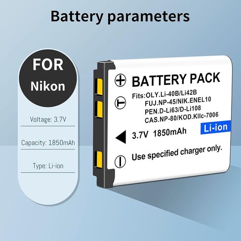 2-Pack EN-EL10 KLIC-7006 Replacement Battery(1400mAh) and Slim USB Rapid Charger Compatible with Nikon Coolpix S60, S80, S200, S210, S220, S230, S500, S510, S520, S570, S600, S700, S3000, S4000, S5100 in Kuwait