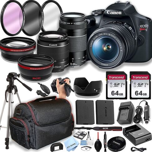 Canon EOS Rebel T7 w/EF-S 18-55mm F/3.5-5.6 Zoom Lens + 75-300mm F/4-5.6 III Lens + 128GB Memory,Case, Tripod, Spare Battery - Professional DSLR Camera Photo Accesory Bundle, Black (Renewed) in Saudi Arabia