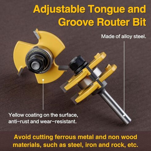 2Pcs Tongue and Groove Set 1/4" Shank 2pcs Router Bits 3 Teeth Adjustable T Shape Wood Milling Cutter in Saudi Arabia