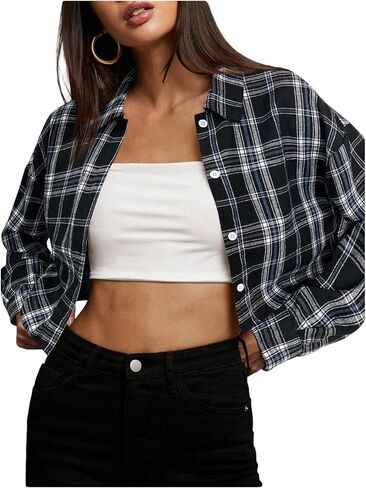 Milumia Women's Plaid Print Button Down Shirts Collared Long Sleeve Cropped Blouse Tops in Saudi Arabia