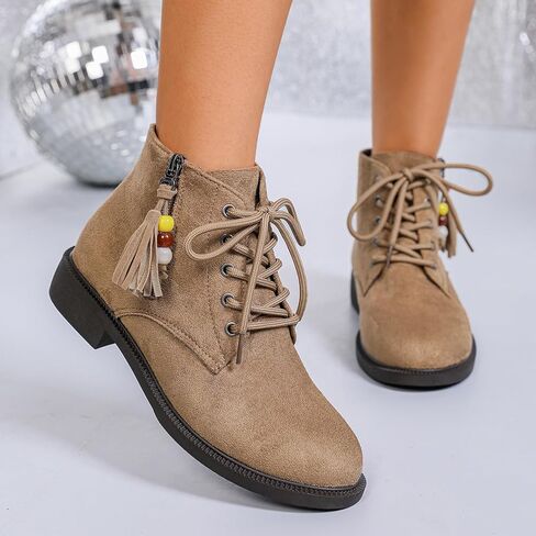 Women's Suede Side Zipper Ankle Boots with beads Casual Round Toe Low Block heel Lace-Up Walking Booties for Work Daily Party Dating in Saudi Arabia