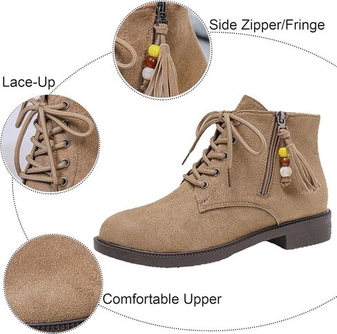 Women's Suede Side Zipper Ankle Boots with beads Casual Round Toe Low Block heel Lace-Up Walking Booties for Work Daily Party Dating in Saudi Arabia