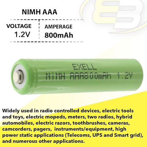 Exell 1.2V NIMH AAA 800mAh Rechargeable Button Top Battery use with Radio Controlled Devices, Data Meters, Two Way radios, Radio receivers, Cameras, camcorders, Data Loggers, Portable Monitors in Saudi Arabia