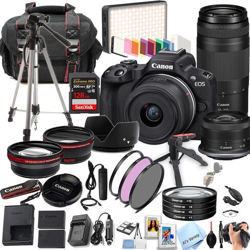 كاميرا Canon EOS R50 بدقة 24.2 ميجابكسل بمستشعر APS-C CMOS بدون مرآة مع عدسات 18-45 مم + عدسات 75-300 مم + ذاكرة فائقة 128 جيجابايت، ضوء فيديو LED، عدسة زاوية واسعة، عدسة مقربة، مرشحات - حزمة احترافية 44 قطعة (متجددة) in Kuwait